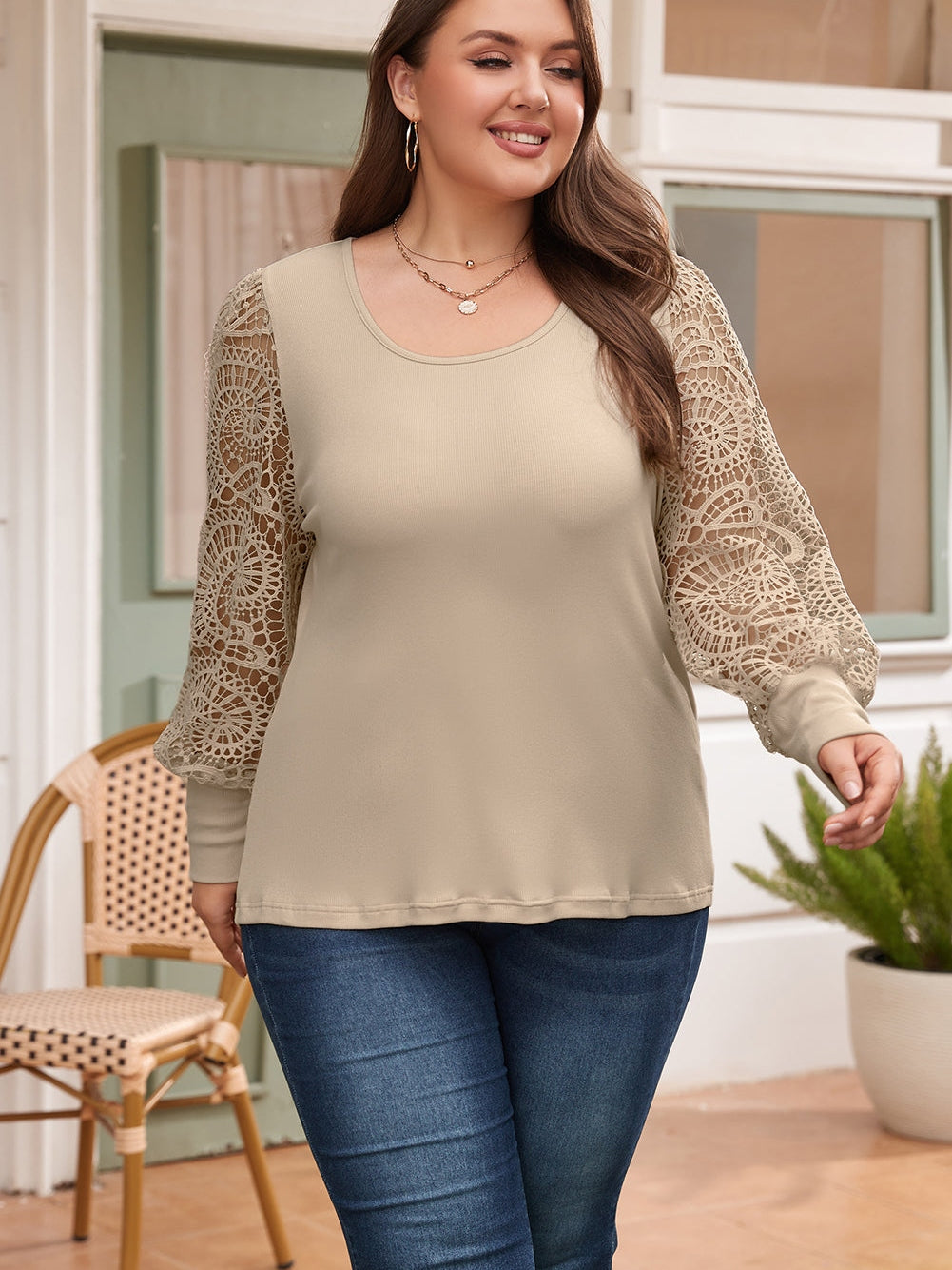 Lace Sleeve Ribbed Pullover with Square Neck