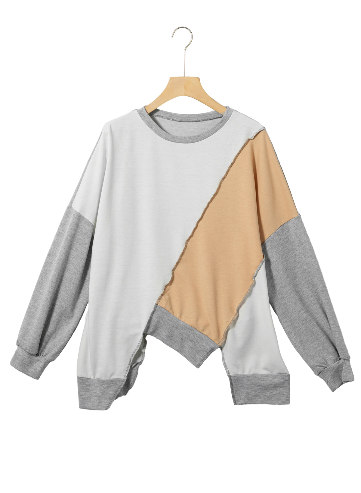 French Beige Colorblock Patchwork Long Sleeve Top with Irregular Hem