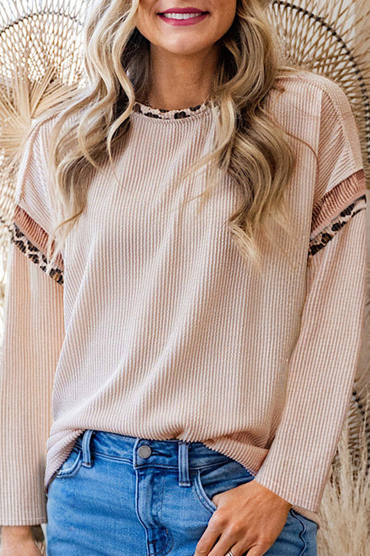 Beige Twist Ribbed Leopard Color Block Detail Drop Shoulder Long Sleeve Top