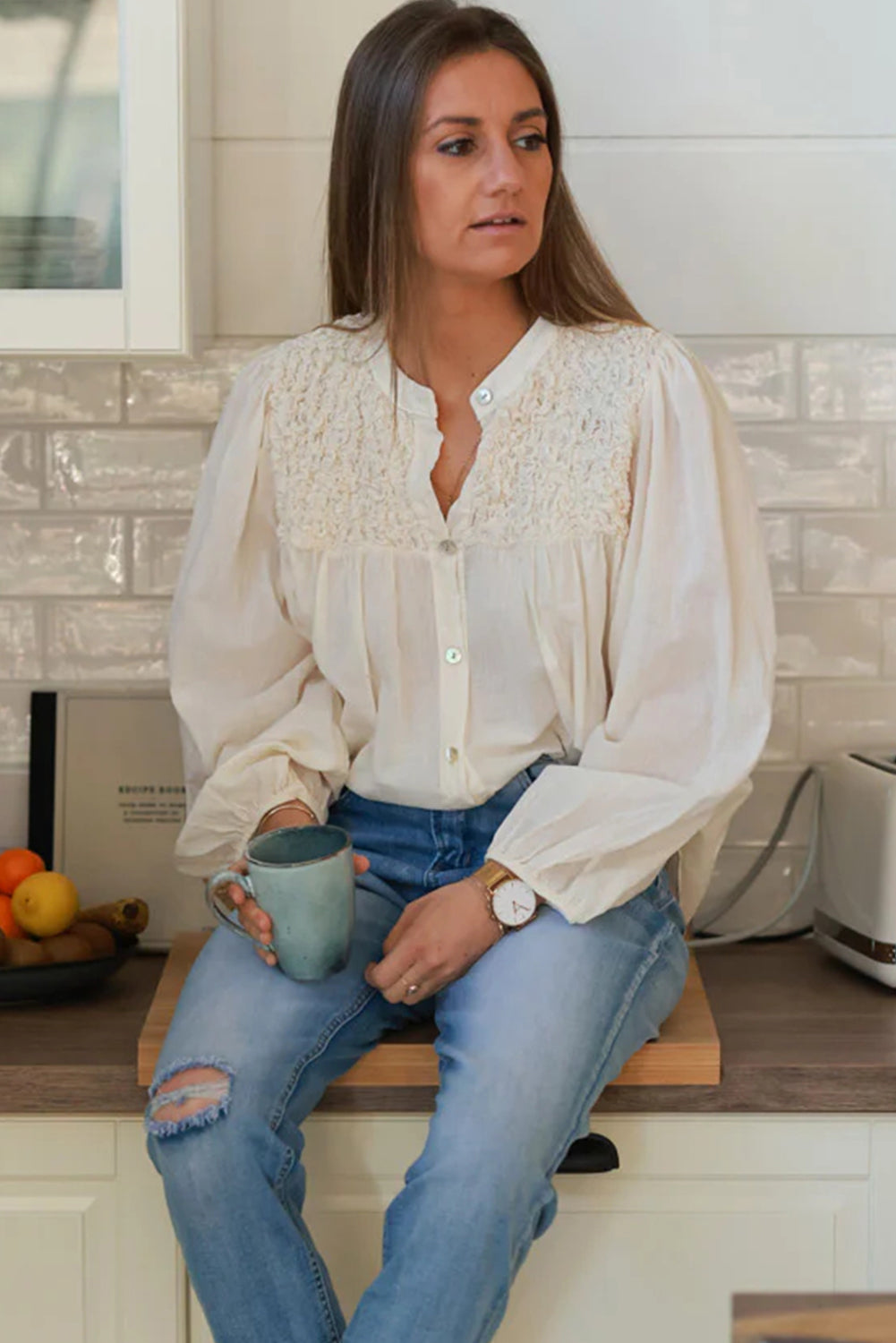 Beige Smocked Chest Elastic Cuffs Loose Sleeve Floaty Blouse