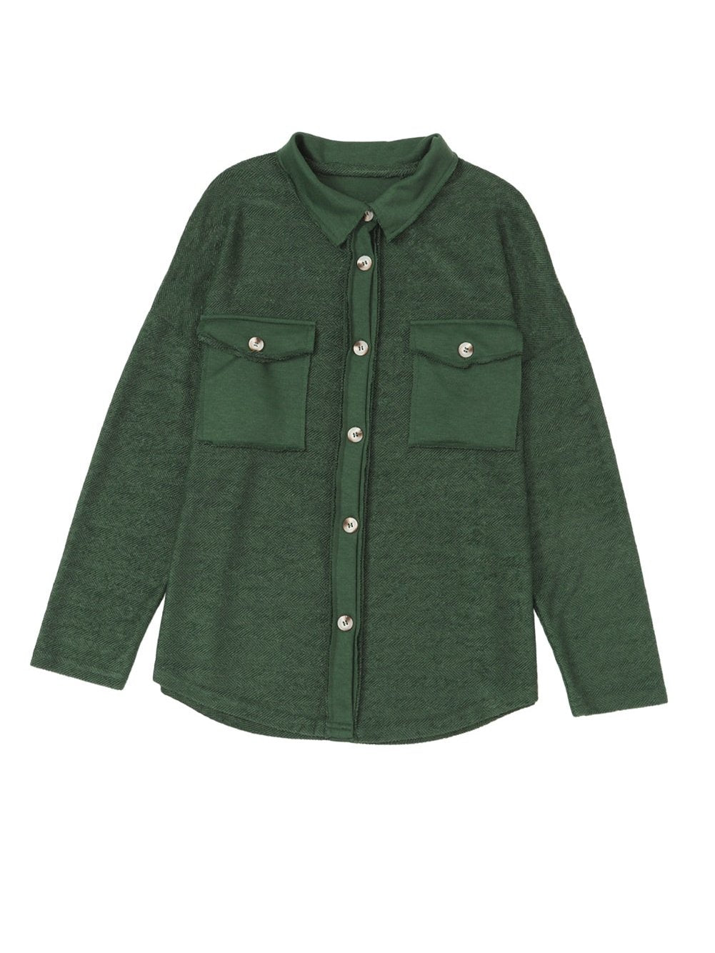 Green Knit Cotton Blend Casual Shacket with Chest Pockets
