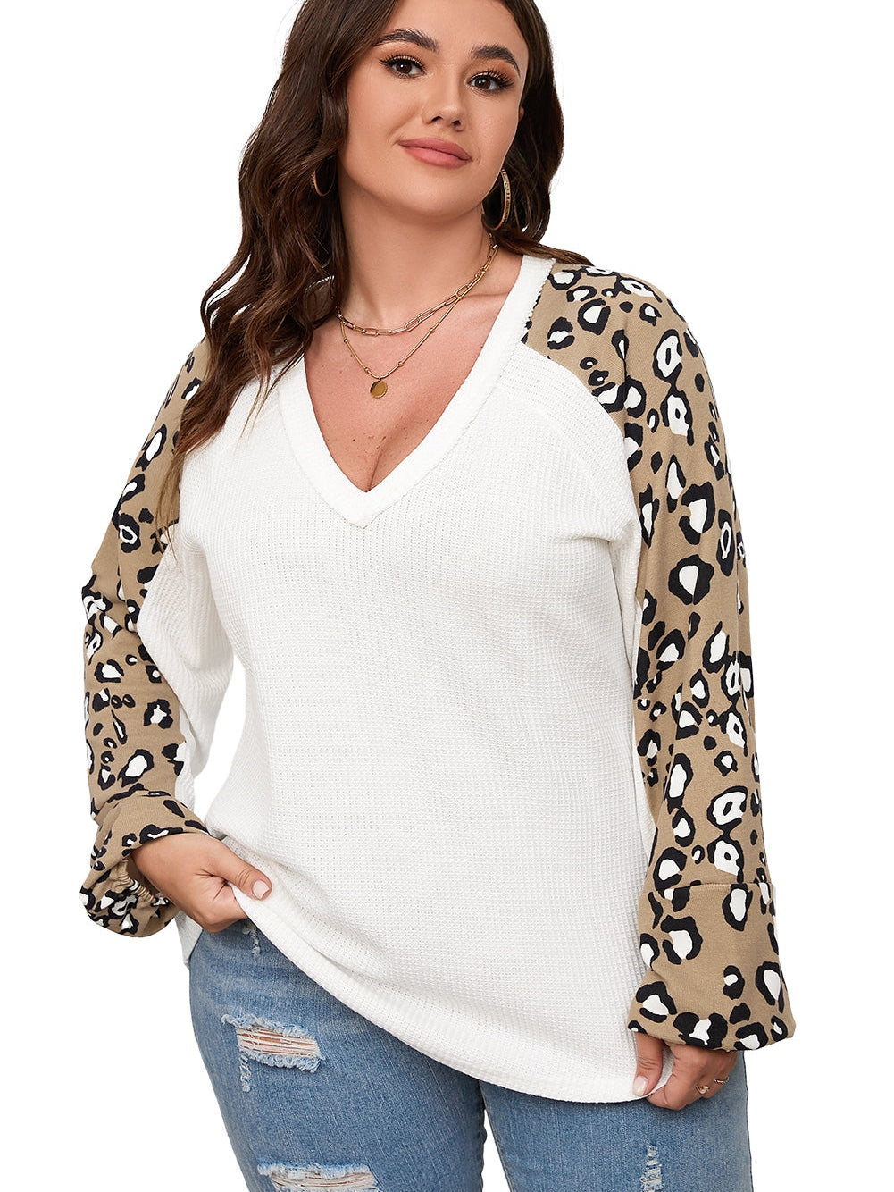 Beige Printed Plus Size Waffle Knit Contrast Leopard Long Sleeve Top