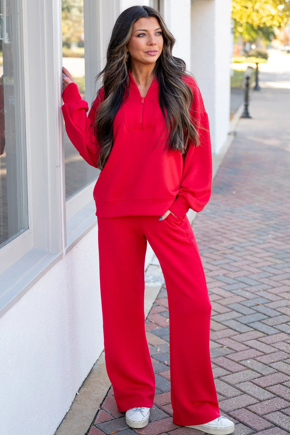 Fiery Red Quarter Zipped Pullover and Drawstring Sweatpants Set