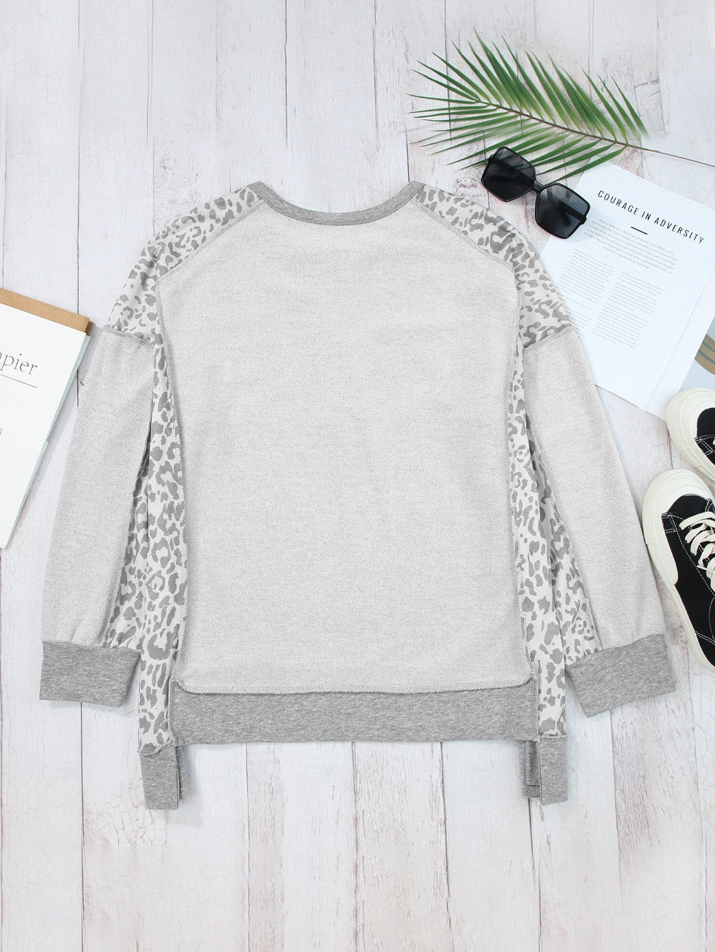 Leopard Patchwork Gray Buttoned Neck Pullover Sweatshirt