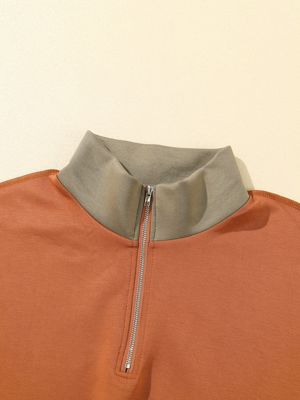 Khaki Zippered V-Neck Color Block Sweatshirt