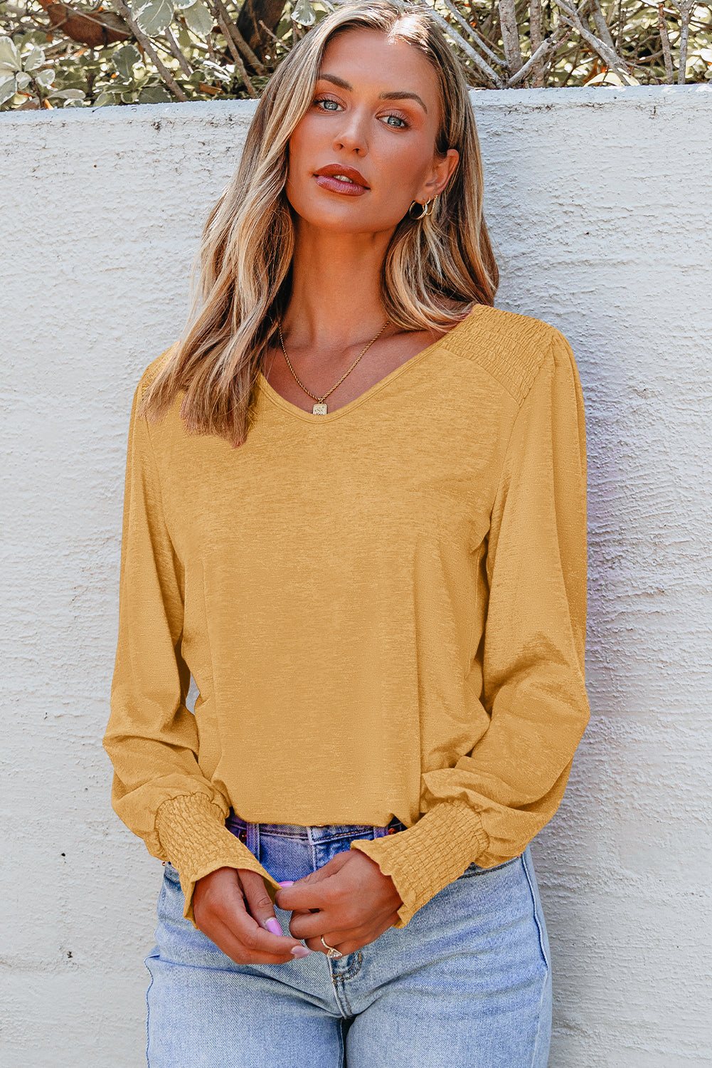 shirred shoulder top