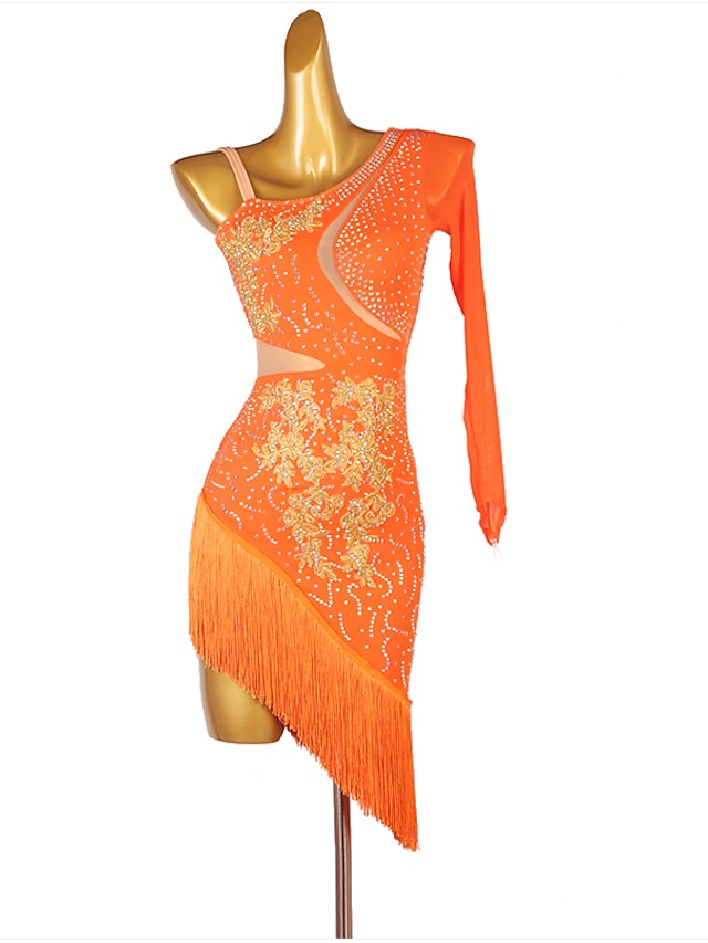 Latin Dance Dress Tassel Split Joint Crystals / Rhinestones Women's Performance Training Long Sleeve Chinlon Mesh - LuckyFash™