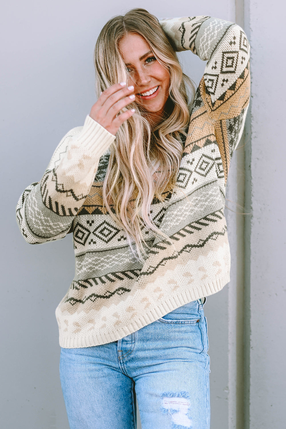 Khaki Aztec Print V Neck Sweater with Ribbed Texture
