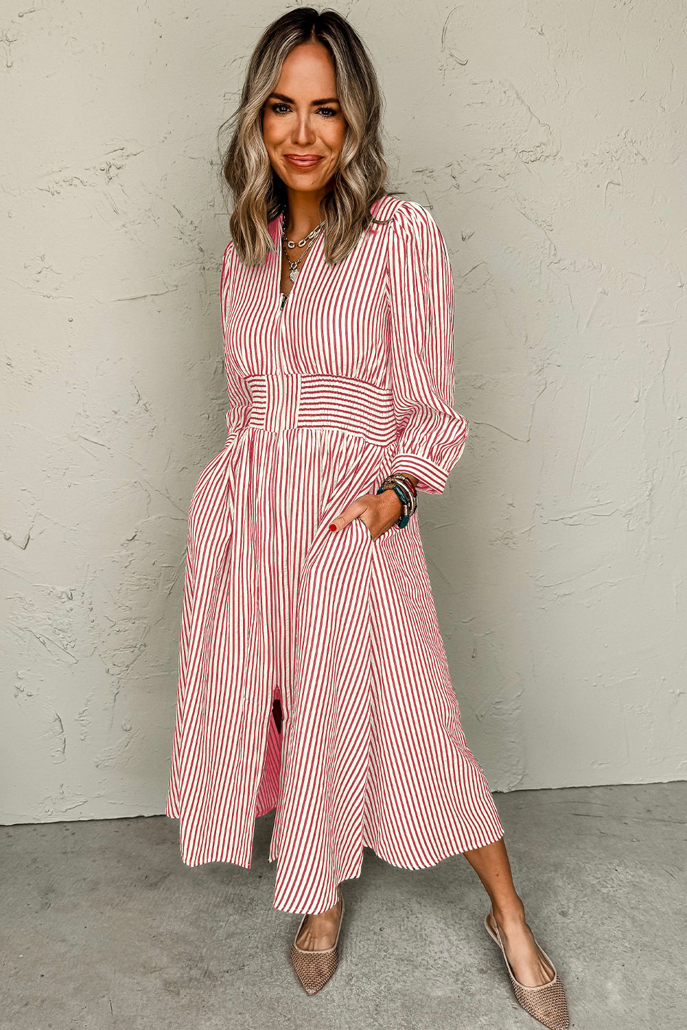 Red Stripe V Neck Zip Front Cinched High Waist Midi Dress