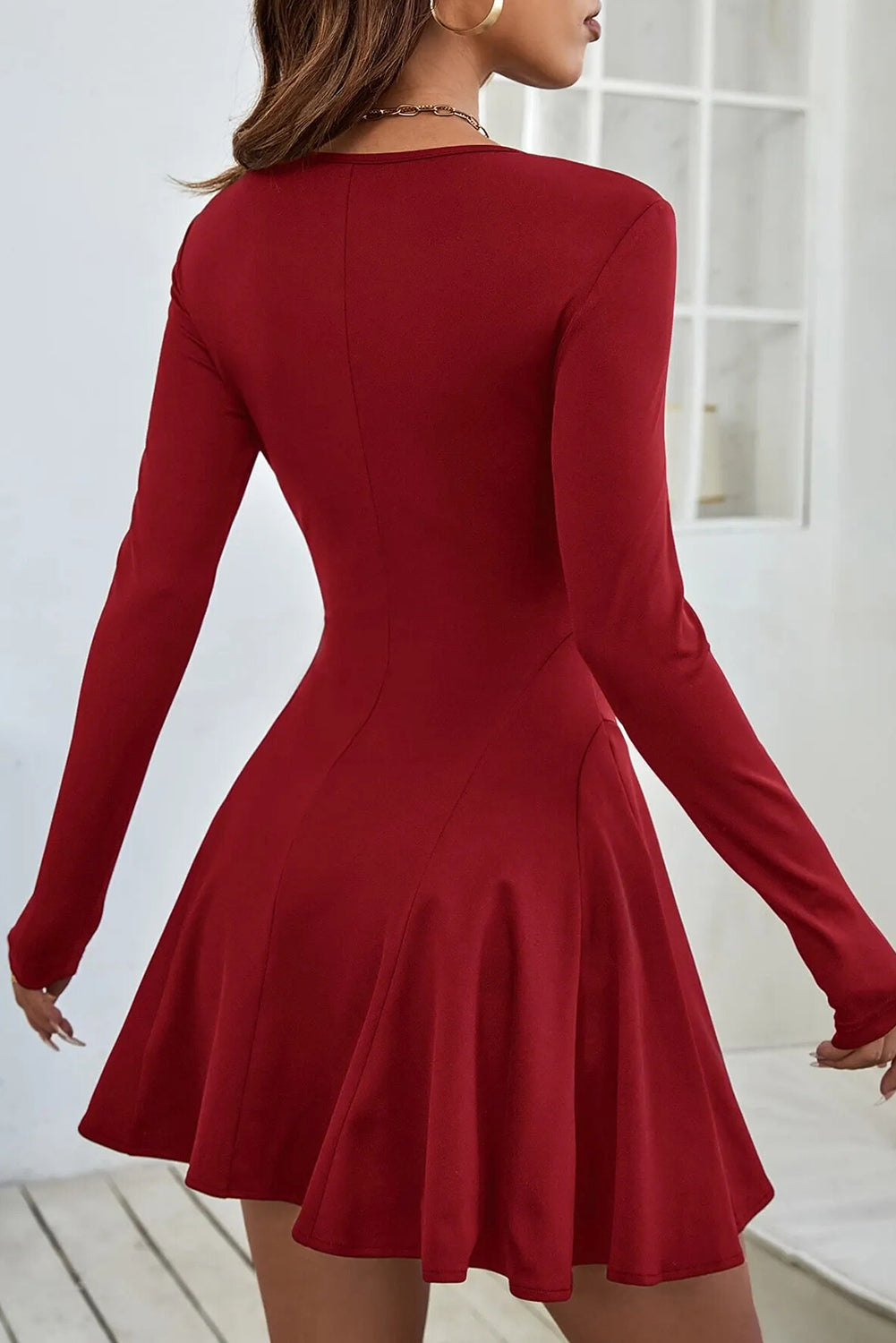 Red Dahlia Solid Color Long Sleeve Fit-and-flare Mini Dress
