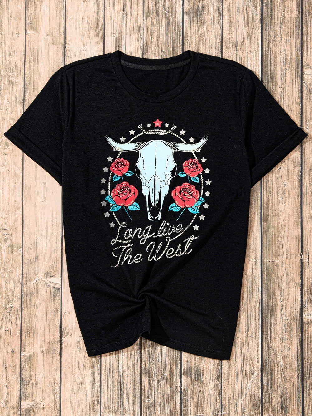 Floral Long Live The West Black Steer Head Graphic T-Shirt
