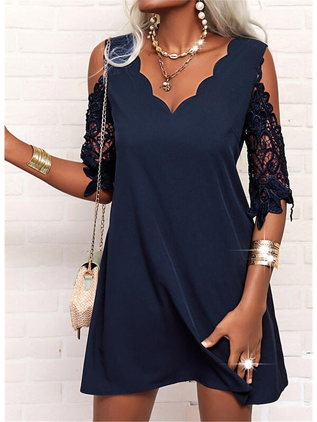 Women's Dress - Casual Dress Lace Dress Black Dress Mini Dress Black White Navy Blue Half Sleeve Pure Color Lace Summer Spring Scalloped Neck Stylish Vacation 2023 S M L XL XXL 3XL 4XL 5XL