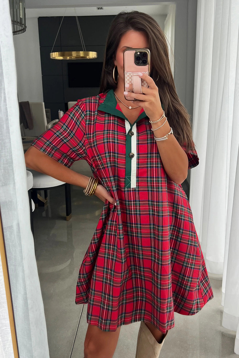 Red Christmas Plaid Striped Trim Button Neck Short Sleeve Dress