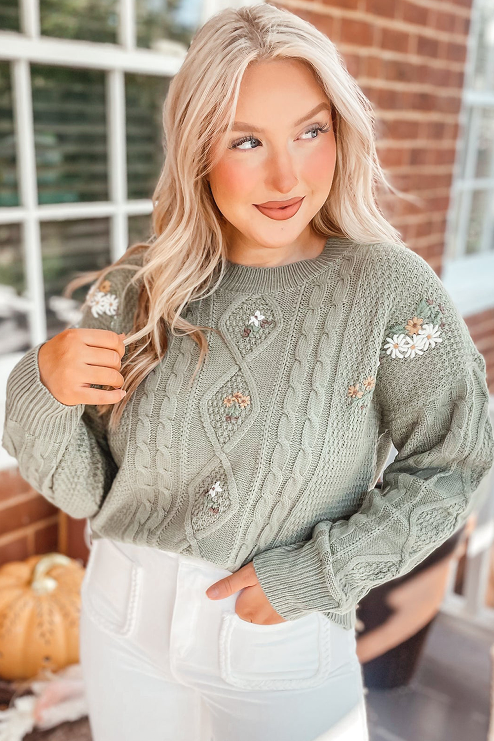 Laurel Green Embroidered Flower Detail Cable Knit Drop Shoulder Sweater