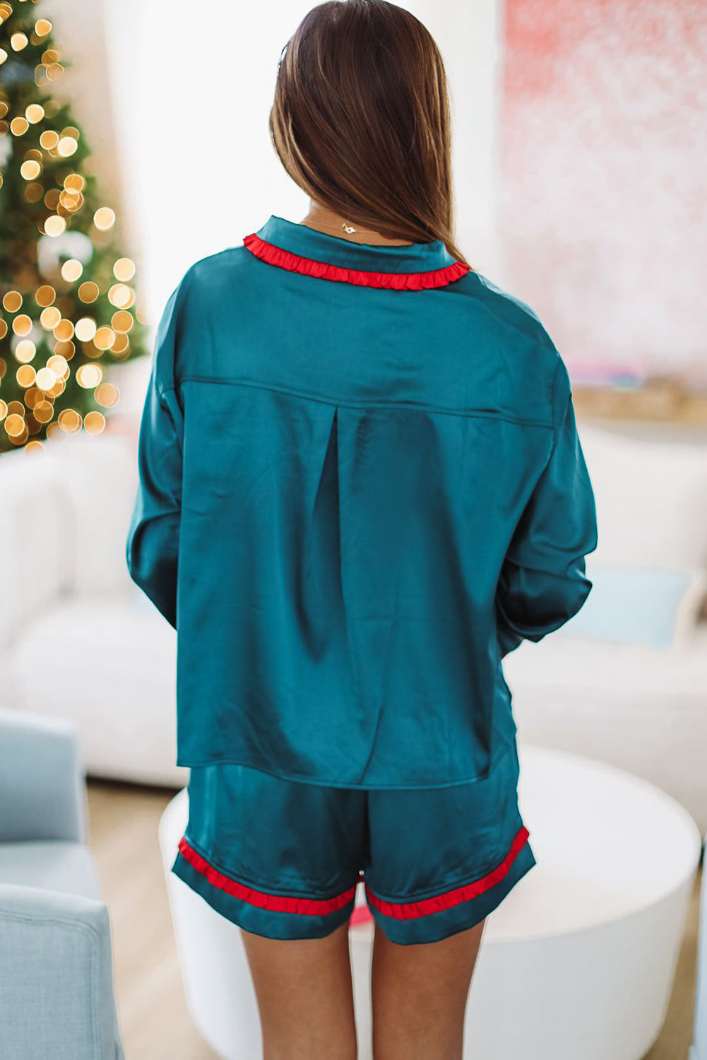 Lapis Contrast Frilled Trim Ribbon Bow Knot Short and Top Pajama Set