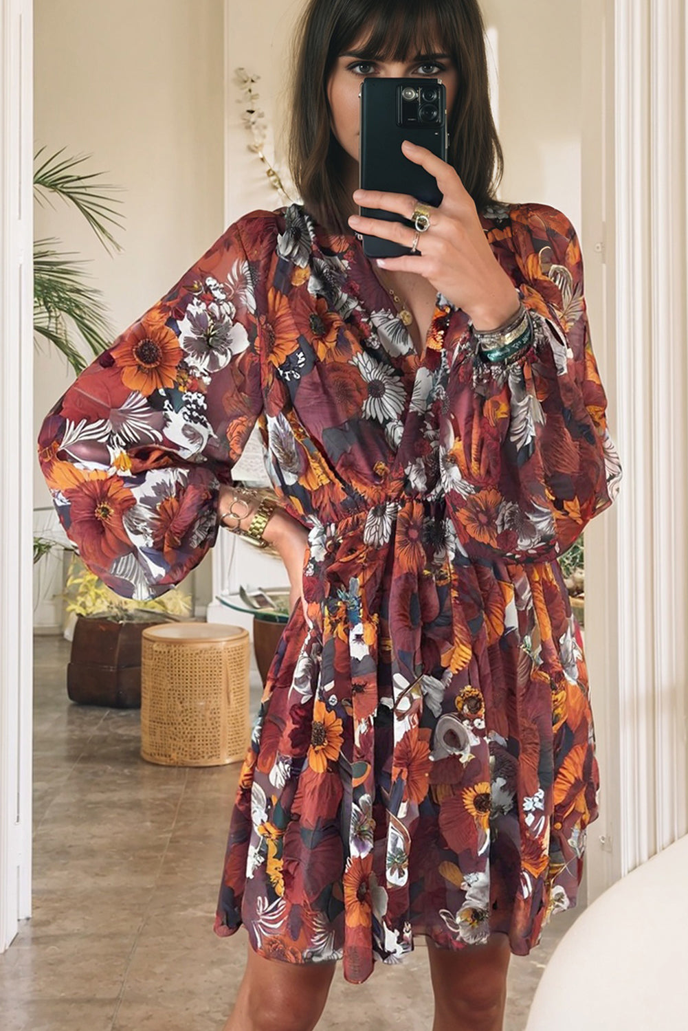 Red Floral Print Wrap V Neck Puff Sleeve Flowy Mini Dress