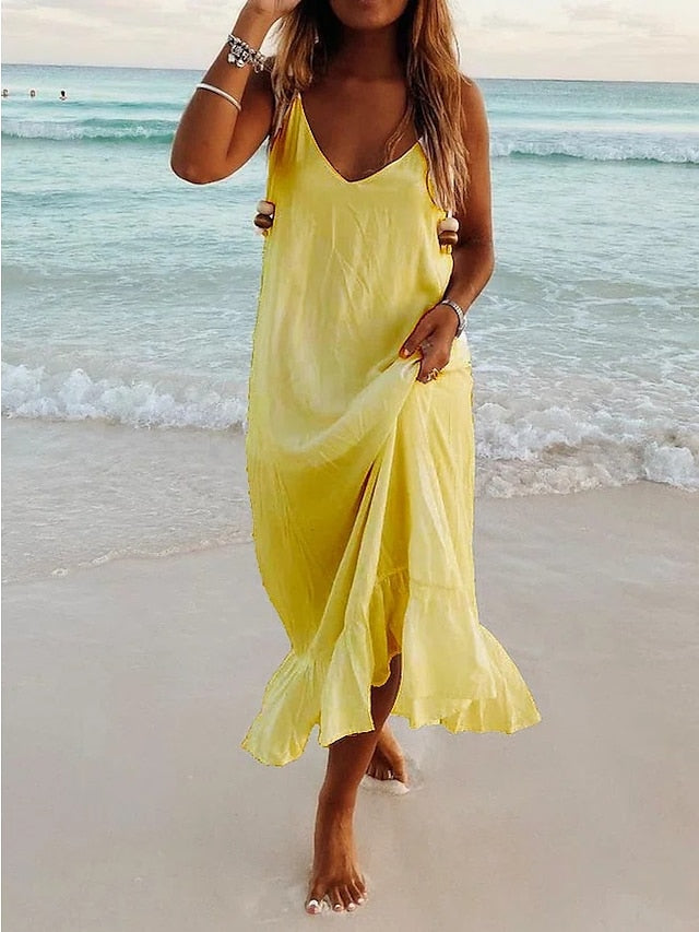 Women's Dress - Casual Dress Swing Dress White Dress Long Dress Maxi Dress Light Blue Black Yellow Sleeveless Ruffle Spring Summer V Neck S M L XL XXL XXXL