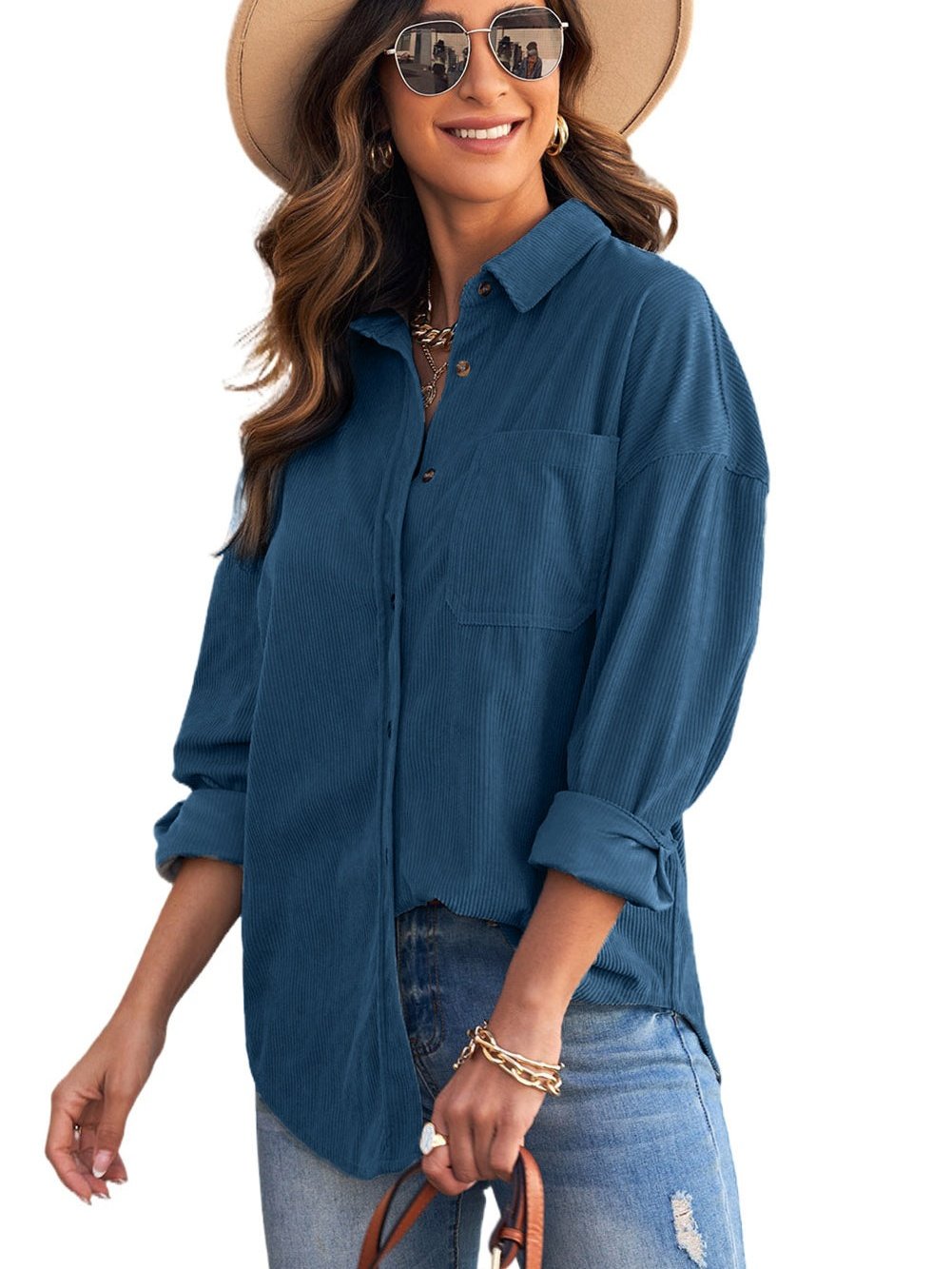 Elegant Button-Up V-Neck Long Sleeve Blouse