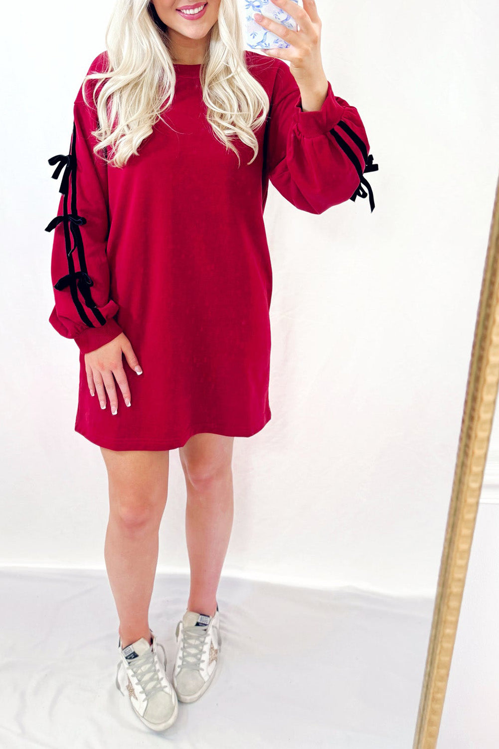 Racing Red Contrast Striped Bow Detail Drop Shoulder Tunic T Shirt Dress