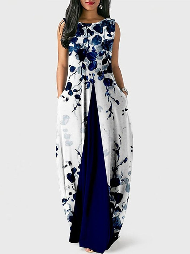 Women's Dress - Party Dress Shift Dress Long Dress Maxi Dress Blue Wine Dark Blue Sleeveless Floral Pocket Spring Summer Crew Neck Party 2023 S M L XL XXL 3XL