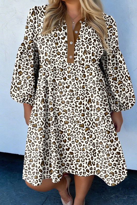 Khaki Plus Size Button V Neck Leopard Print Puff Sleeve Loose Mini Dress