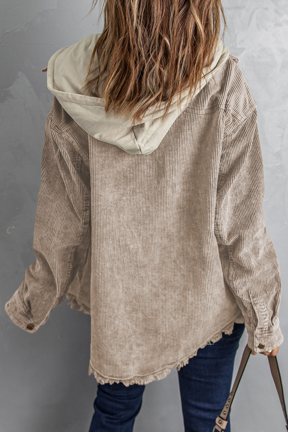 Khaki Patchwork Hooded Corduroy Shacket