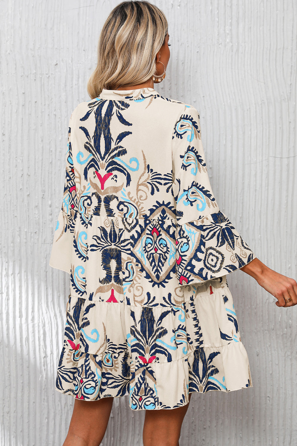 White Printed Tribal Bracelet Sleeve Buttoned Mini Dress