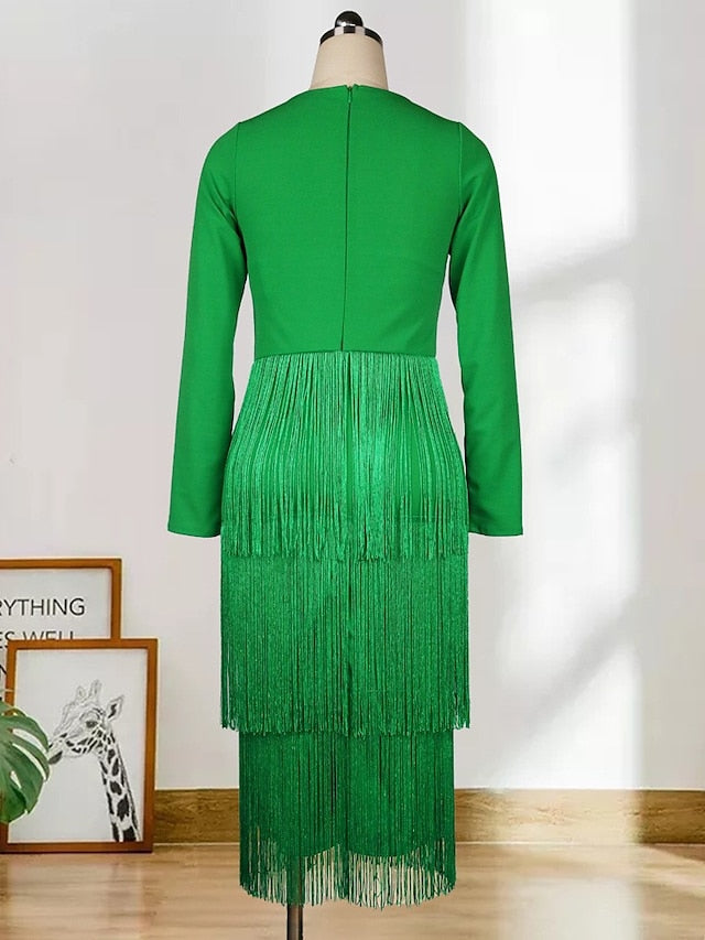 Women's Dress - Semi Formal Party Dress Fringe Dress Midi Dress Pink Long Sleeve Pure Color Tassel Fringe Winter Fall Autumn V Neck Stylish Winter Dress Fall Dress 2023 S M L XL XXL
