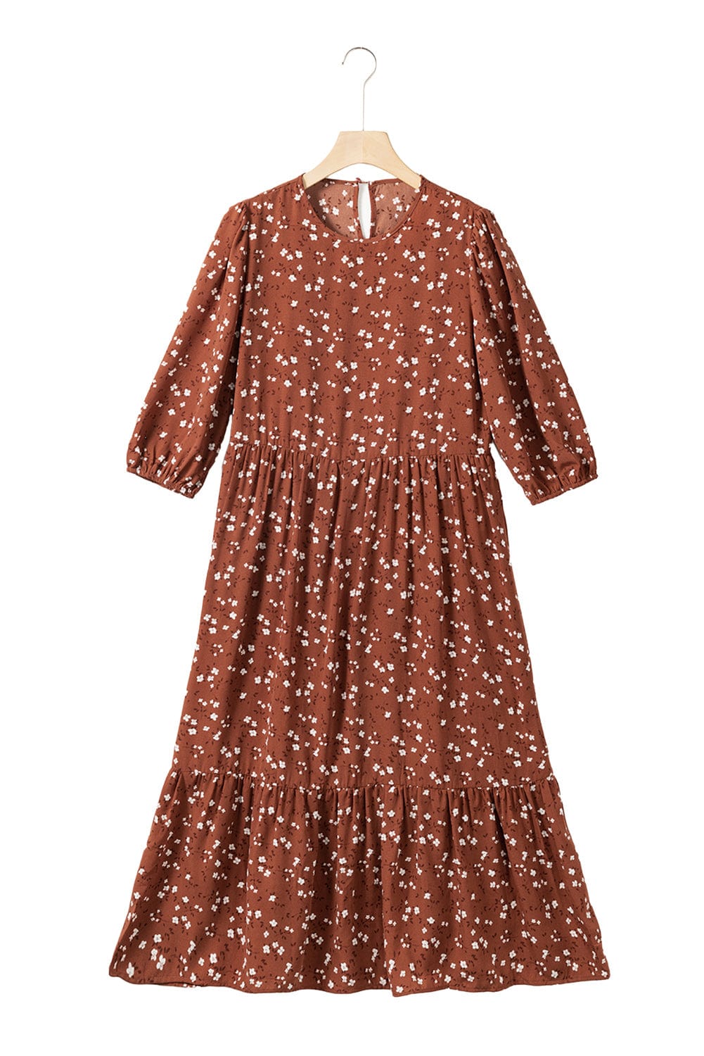 Chestnut Blossom 3/4 Sleeve Flowy Hem Midi Dress