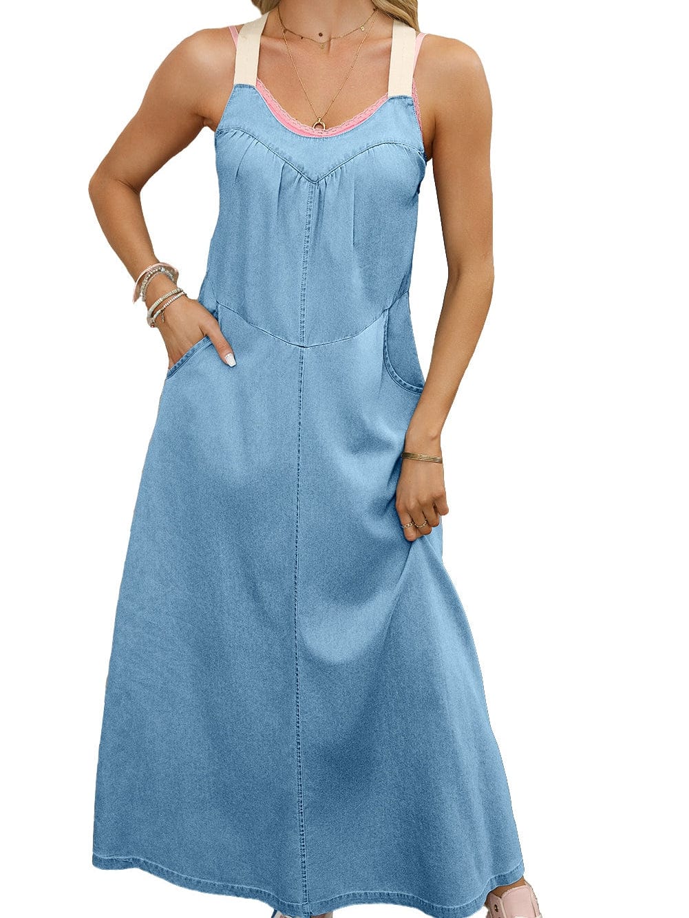Chic Beau Blue Cotton Chambray Maxi Dress with Contrast Straps