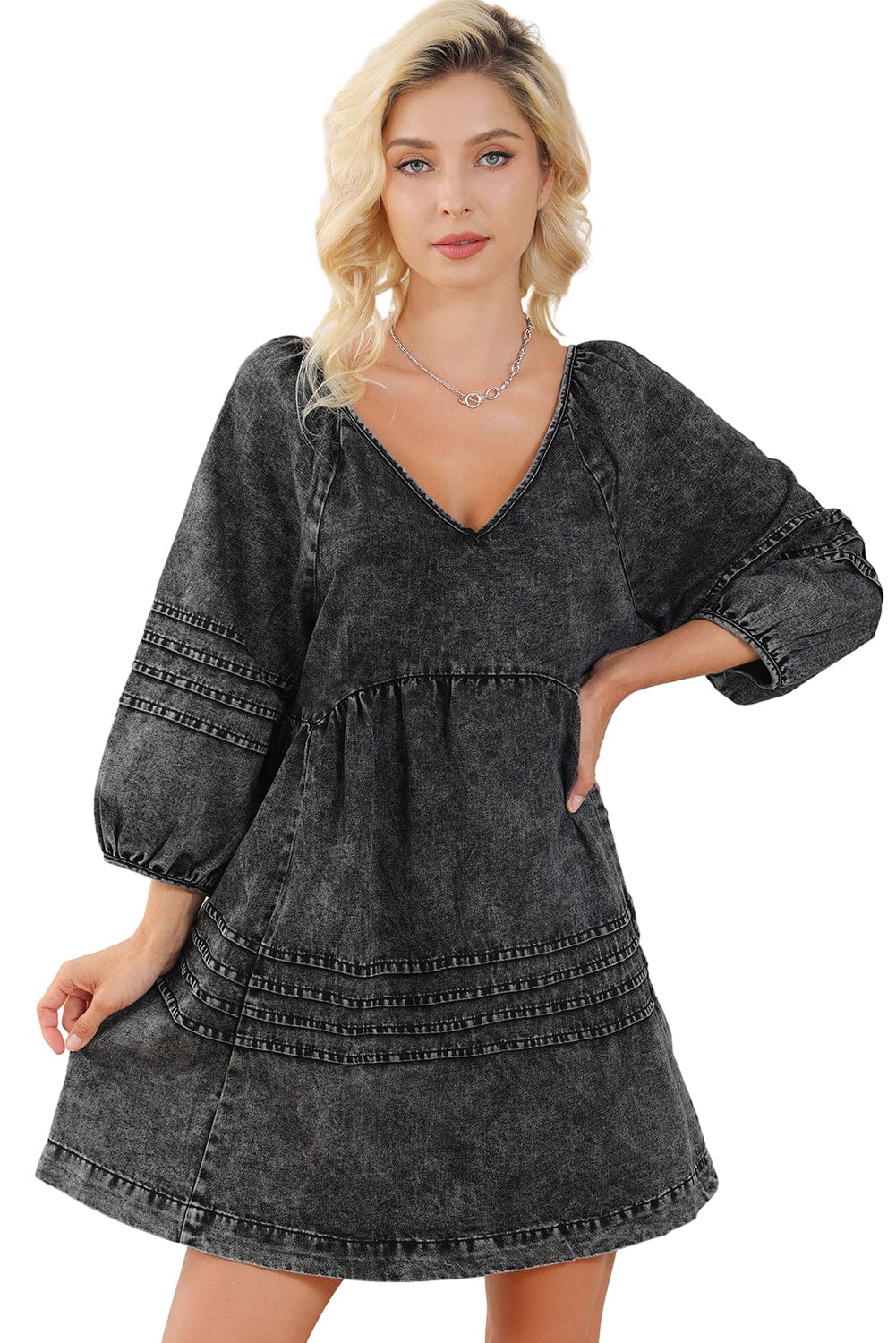 Chic Black Denim Babydoll Mini Dress with Puff Sleeves
