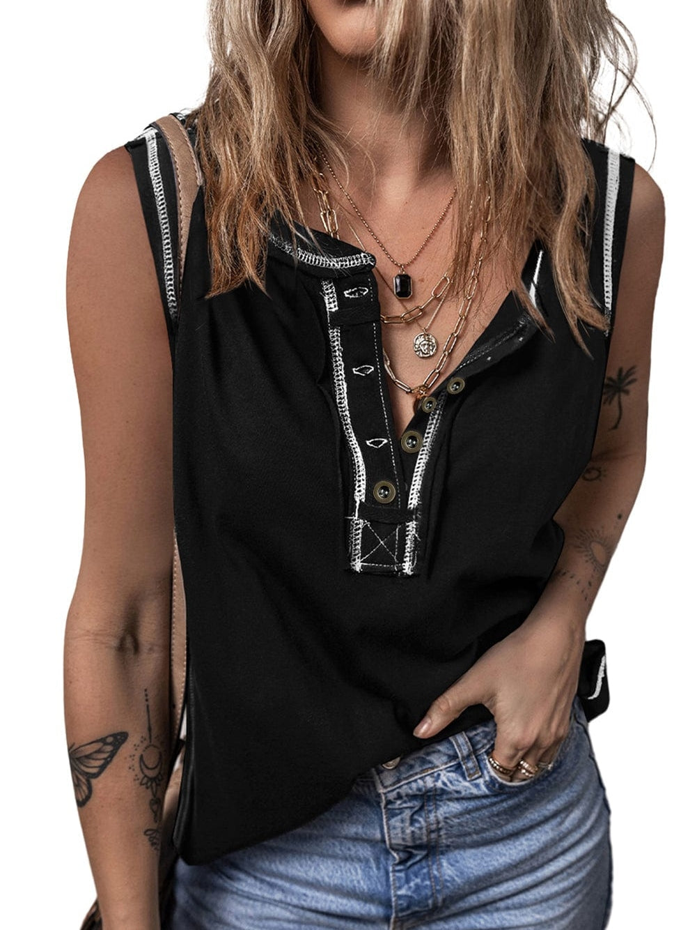Chic Black Henley Tank Top with Exposed Seam & Contrast Stitching