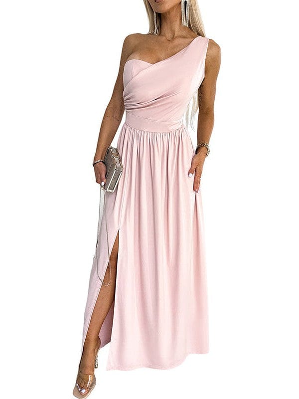 Chic One-Shoulder Sleeveless Long Dress with Slit - Apricot