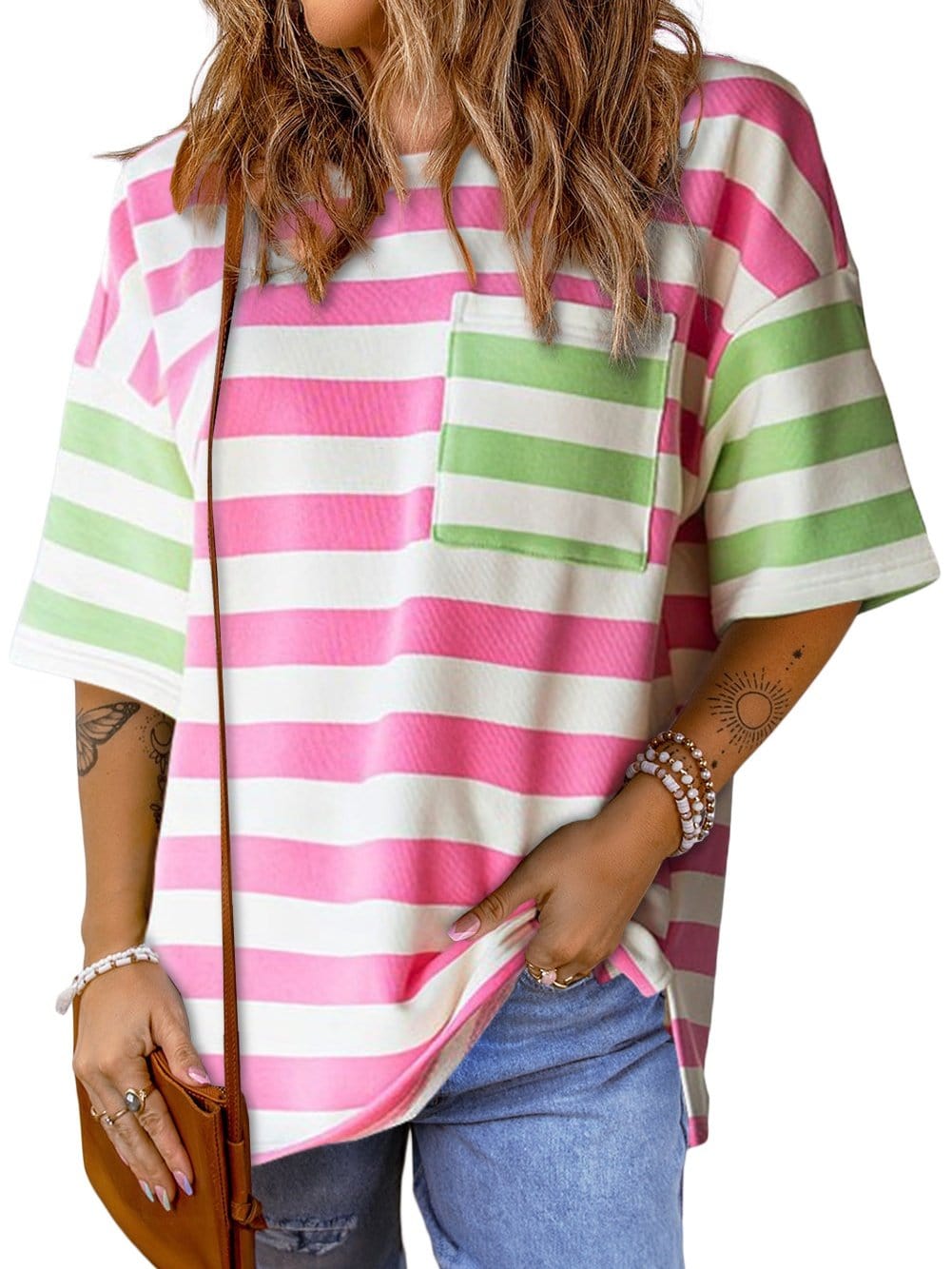 Chic Pink Striped Patch Pocket Tee with Drop Sleeves