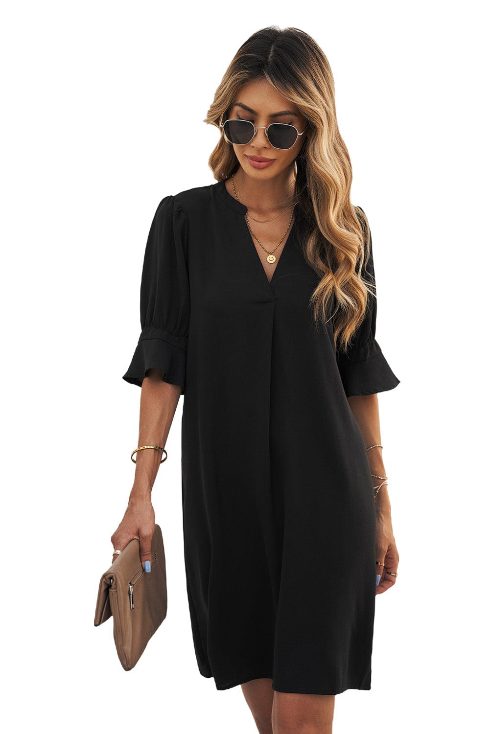 Chic V-Neck Black Mini Dress with Ruffled Sleeves