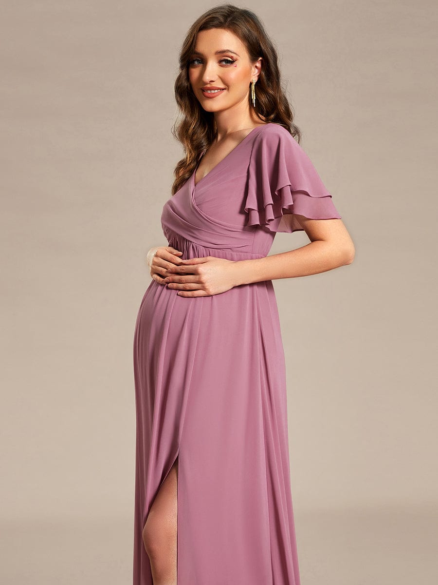 Chiffon Maternity Dress with Stylish Ruffle Sleeves and Split