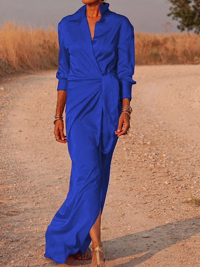 Women's Dress - Shirt Dress Party Dress Shift Dress Long Dress Maxi Dress Black Red Blue Long Sleeve Pure Color Lace up Summer Spring V Neck Elegant Party Winter Dress Evening Party 2023 S M L XL XXL