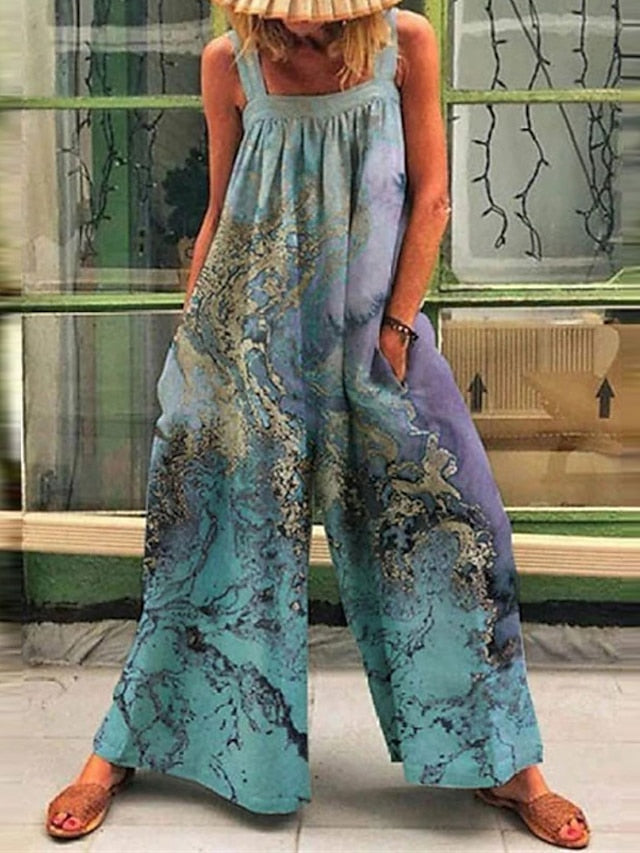 Women's Jumpsuits Casual Summer Overall Pocket Print Floral Square Neck Casual Street Daily Wide Leg Regular Fit Sleeveless Green Blue Pink S M L Spring - LuckyFash™