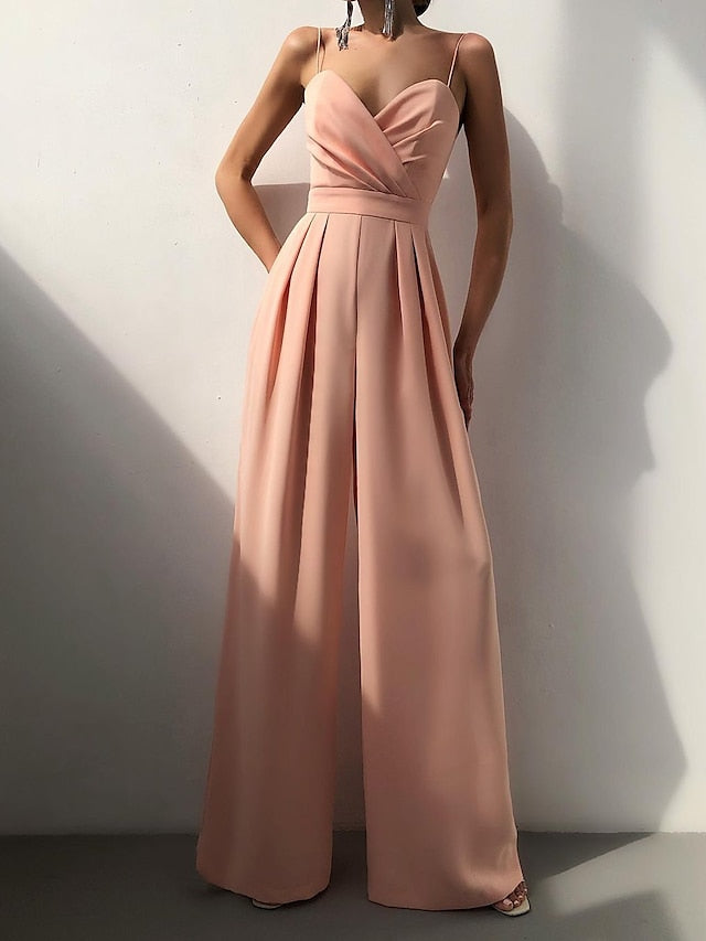 Women's Summer V Neck Spaghetti Straps Elegant Wedding Party Jumpsuit High Waist Wide Leg Pleated Long Pants Casual Rompers with Pockets - LuckyFash™