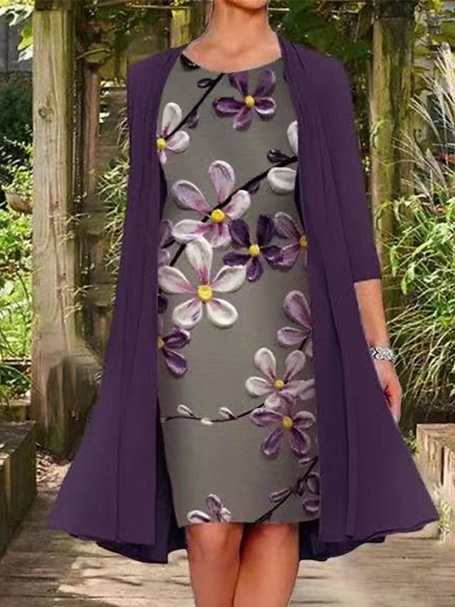 Women's Dress - Two Piece Dress Set Shift Dress Chiffon Dress Daily Going out Casual Print Midi Dress Crew Neck 3/4 Length Sleeve Floral Regular Fit Navy Blue Light Purple Purple Summer Spring M L XL XXL XXXL