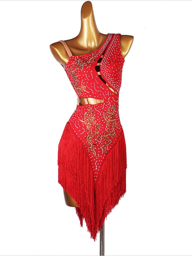 Latin Dance Dress Tassel Split Joint Crystals / Competition Dress Rhinestones Women's Performance Sleeveless Chinlon - LuckyFash™