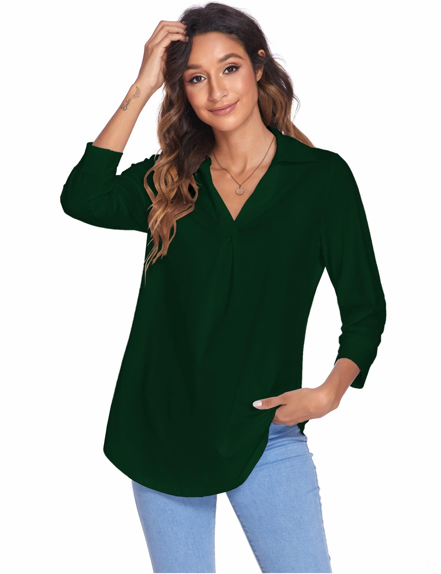Collared V Neck Casual Loose Blouse