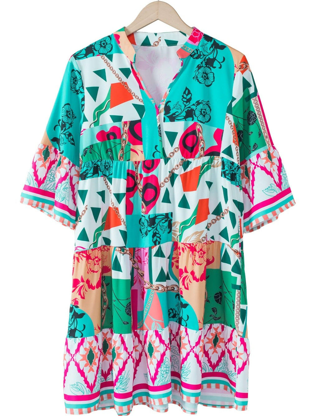 Colorful Abstract Print Half Sleeve V-Neck Mini Dress