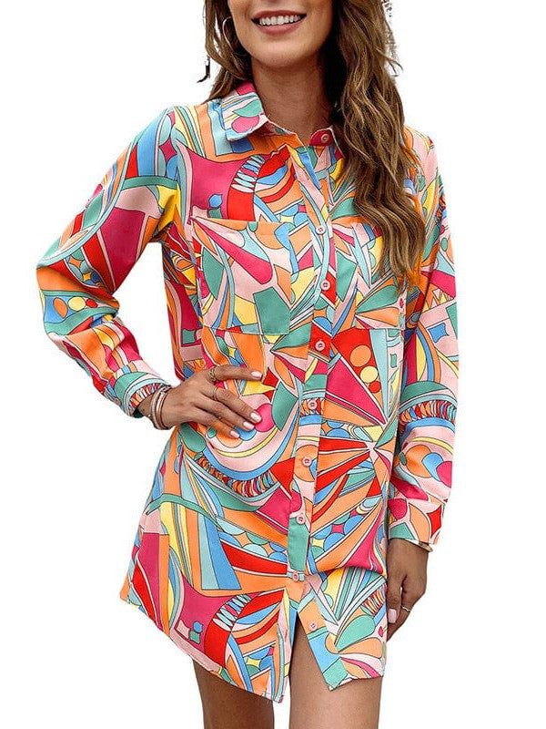 Colorful Geometric Print Shirt Dress with Long Sleeves and Single-Breasted Closure
