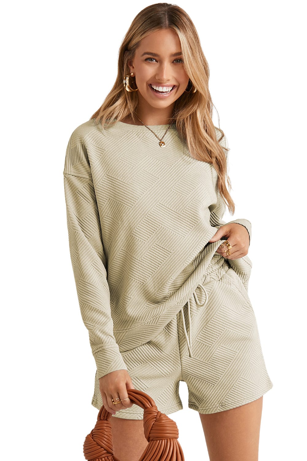 Cozy Apricot Ribbed Lounge Set with Long Sleeves and Drawstring Shorts