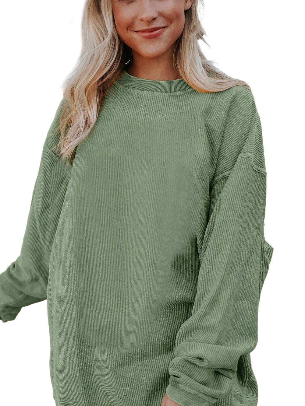 Cozy Green Corduroy Sweatshirt with Ribbed Details