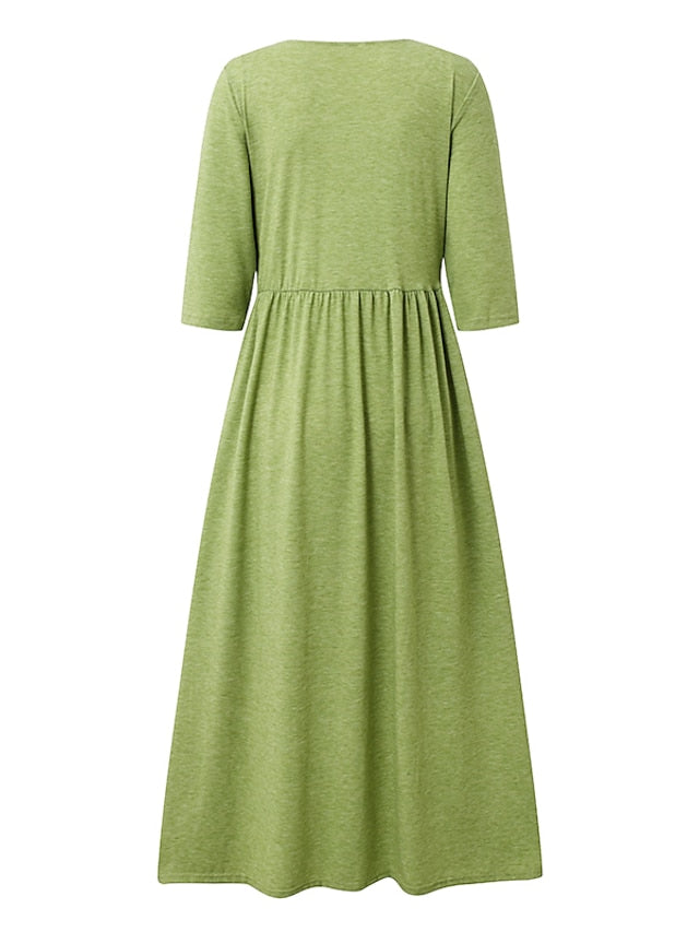 Women's Dress - Casual Dress Pleated Dress Plain Dress Plain Ruched Pocket Square Neck Midi Dress Fashion Modern Daily Vacation 3/4 Length Sleeve Regular Fit Pink Purple Green Summer Spring S M L XL XXL