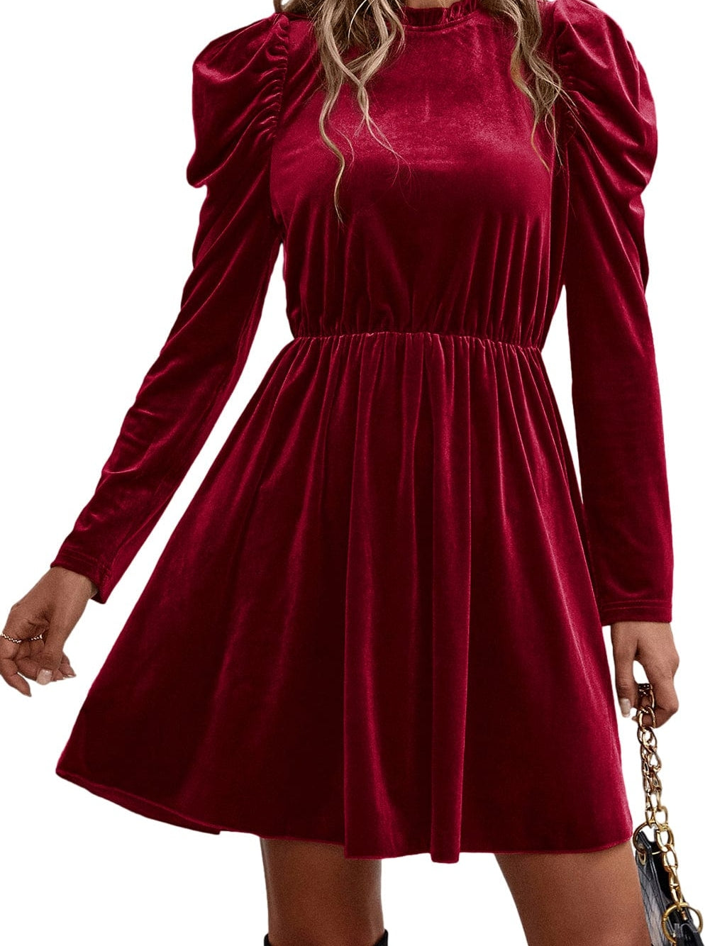 Crimson Dahlia Velvet Frilled Neck Gigot Sleeve A-Line Mini Dress
