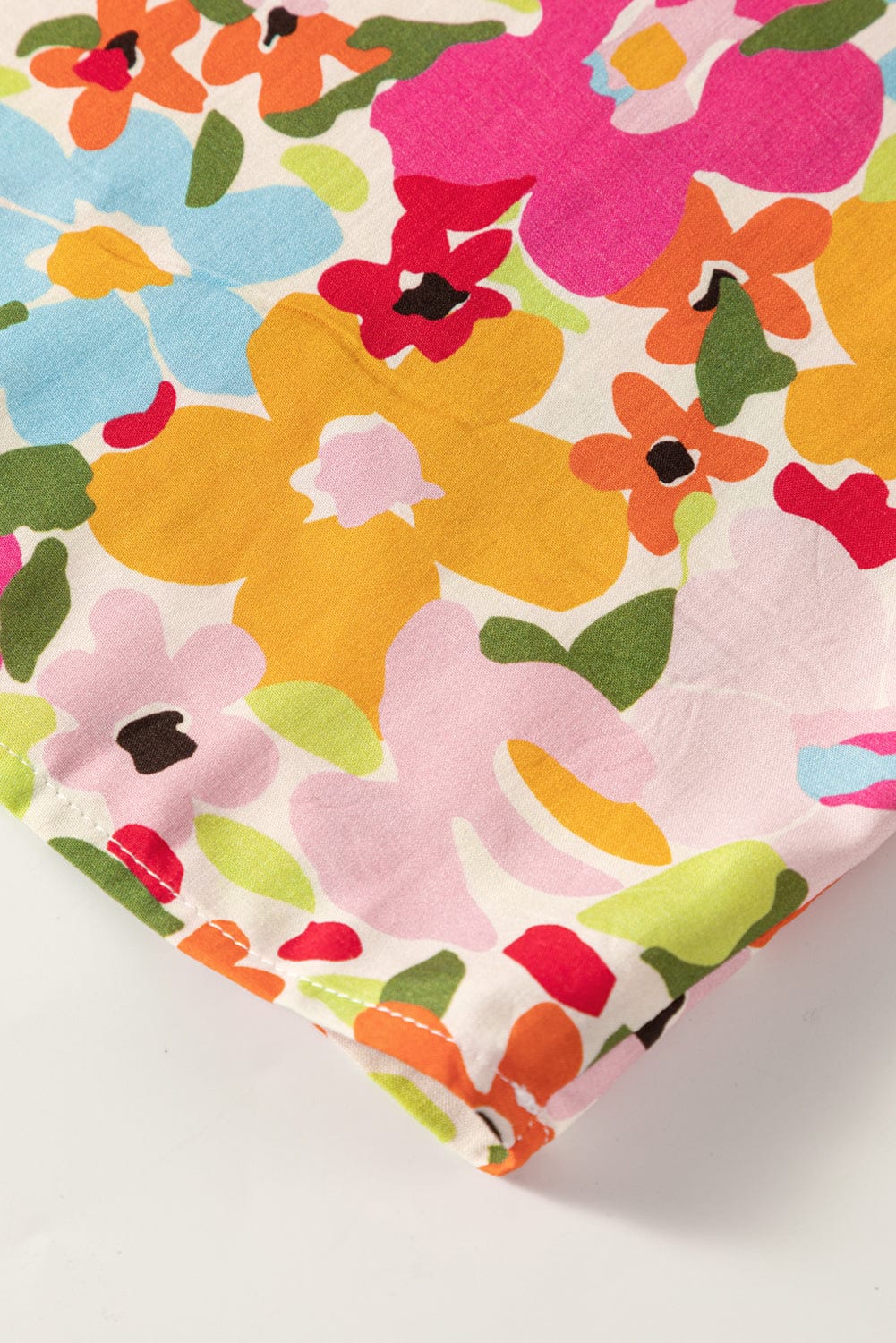 Crimson Floral Pattern Puffy Half Sleeve Gathered Neckline Top