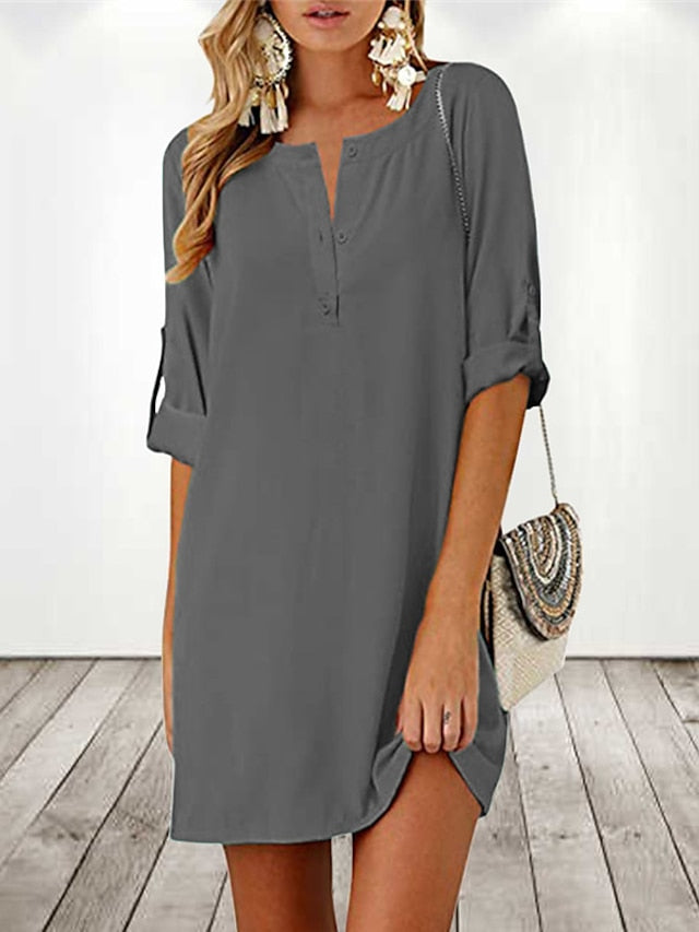 Women's Dress - Cotton Linen Dress T Shirt Dress Tee Dress Shift Dress Mini Dress Linen Cotton Blend Stylish Basic Outdoor Daily Holiday Split Neck Ruched Half Sleeve Summer Spring 2023 Regular Fit Black